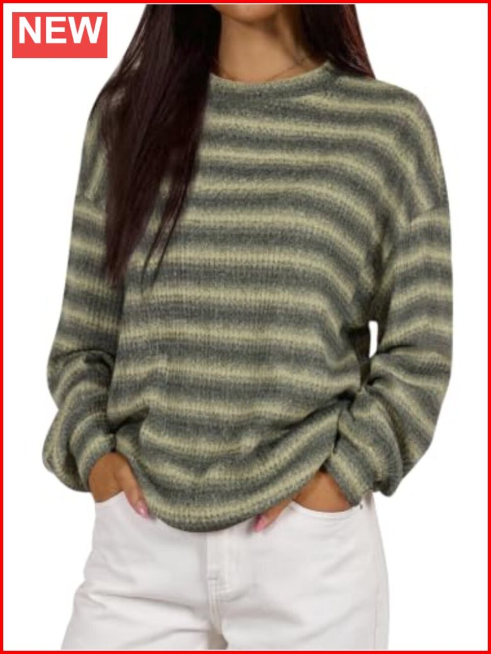 Women's Striped Waffle Knit Pullover Sweater Crew Neck Long Sleeve Lightweight